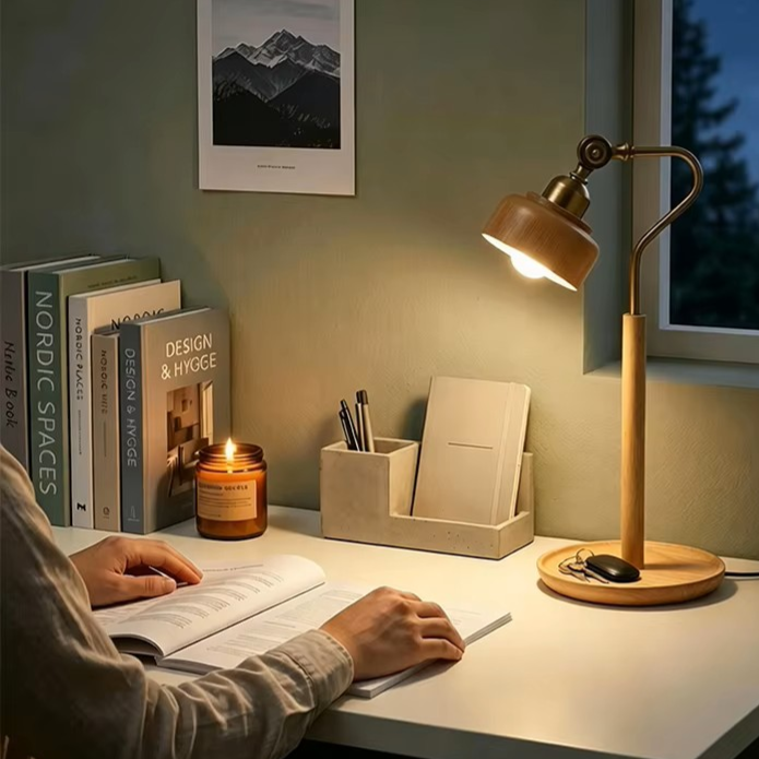 Modern wooden desk lamp featuring elegant brass hardware and an adjustable arm, designed for professional home office workspaces.