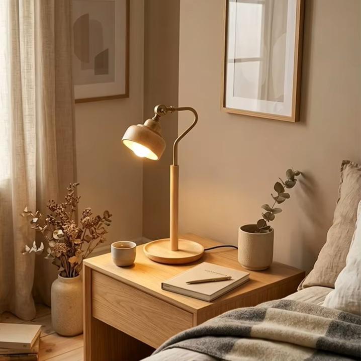 A warm, modern adjustable desk lamp with a light wood base and a beige shade glowing with a soft yellow light, styled on a wooden bedside table next to a bed in a cozy bedroom.