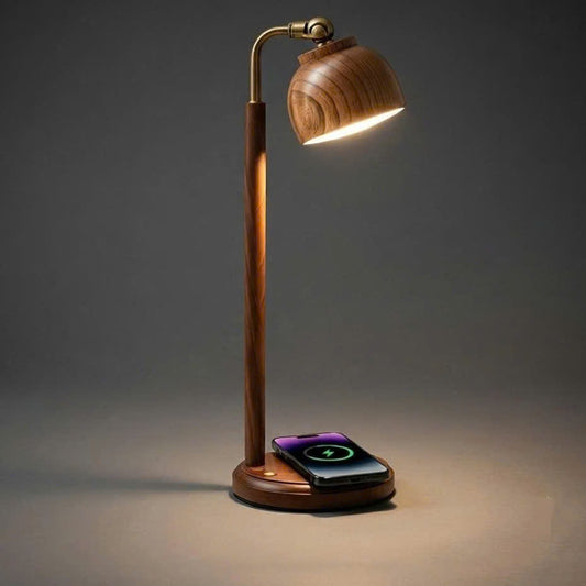 Modern wooden desk lamp featuring a built-in wireless phone charger on the base, designed for clutter-free home office workspaces.