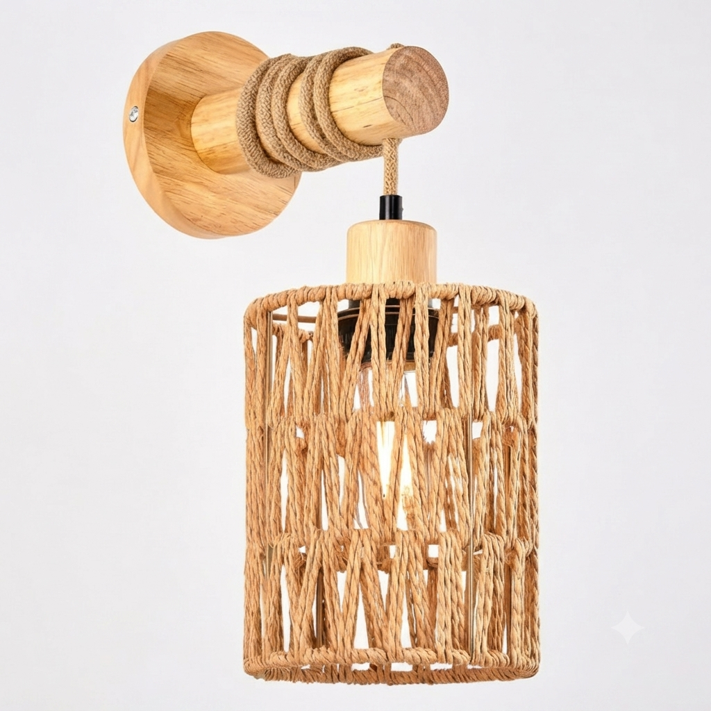 Health-conscious natural woven hemp rope and wood sconce light emitting safe ambient glow in a cozy bedroom.