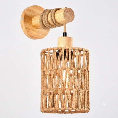 Health-conscious natural woven hemp rope and wood sconce light emitting safe ambient glow in a cozy bedroom.