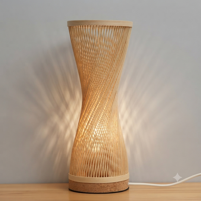 Woven rattan nightstand lamp providing warm, textural accent lighting for bedroom side tables.