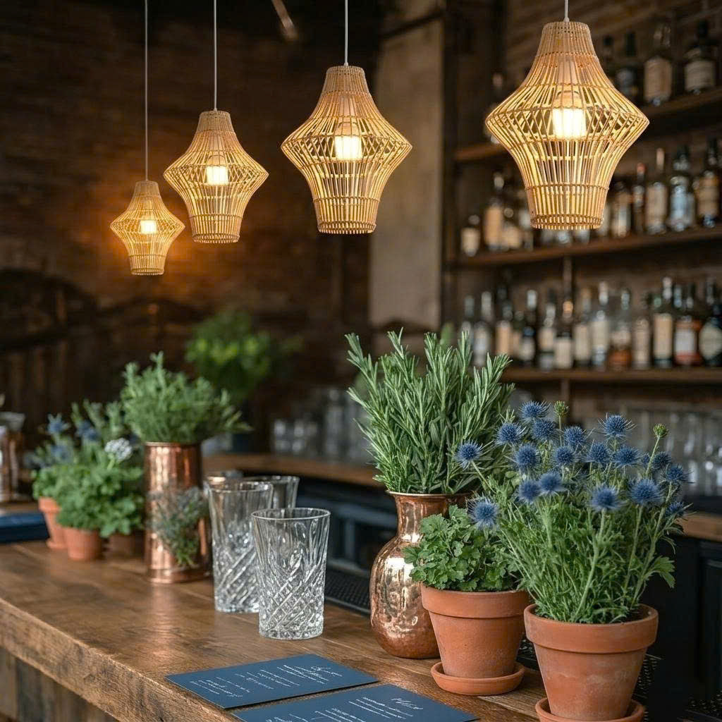Aesthetic woven rattan light fixture ideal for creating a cozy cafe atmosphere